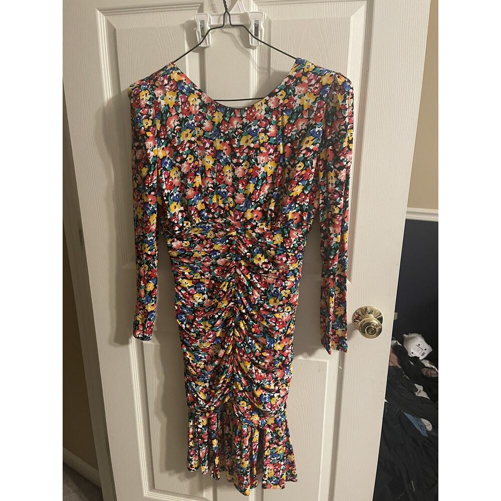 Datiani Dress Med 10 Floral Ribbed Shoulder Pad 90s Wiggle Ruched All Over Print